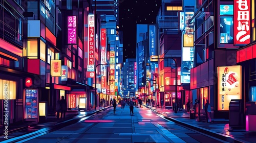 Vibrant Night Street Scene in a Japanese City, Illuminated by Neon Signs photo