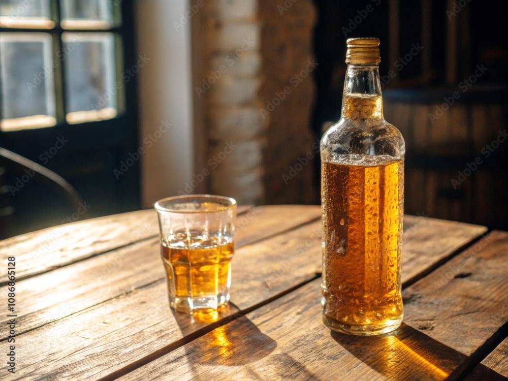 Warm and Inviting Liquor Bottle and Glass on Wooden Table Warm and Inviting Liquor Bottle and Glass on Wooden Table