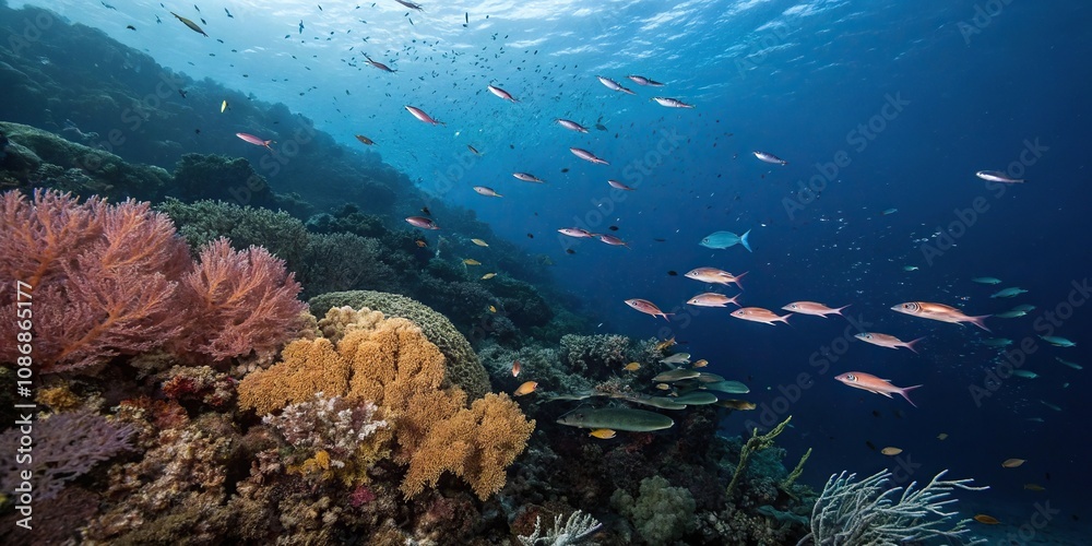 Fototapeta premium Underwater scene of a dark blue ocean surface with schools of fish and coral, coral, seaweed
