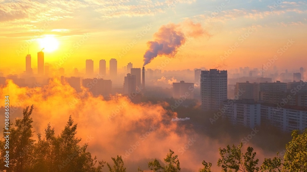 Smog-covered cityscape at golden hour: skyscrapers emerge from hazy pollution as the sun sets, casting an eerie orange glow over the urban landscape. Smog-covered cityscape at golden hour: skyscrapers emerge from hazy pollution as the sun sets, casting an eerie orange glow over the urban landscape.