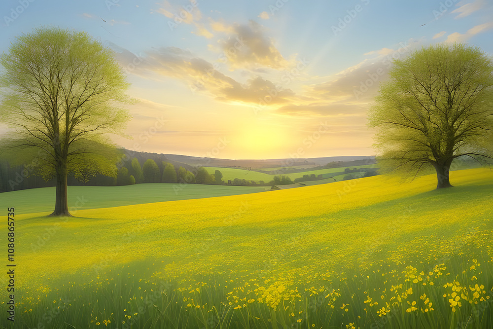 Obraz premium A vibrant spring scene unfolds with a lush green meadow dotted with cheerful yellow wildflowers. The sun shines brightly, casting a warm glow on the landscape. In the distance, a line of trees frames 