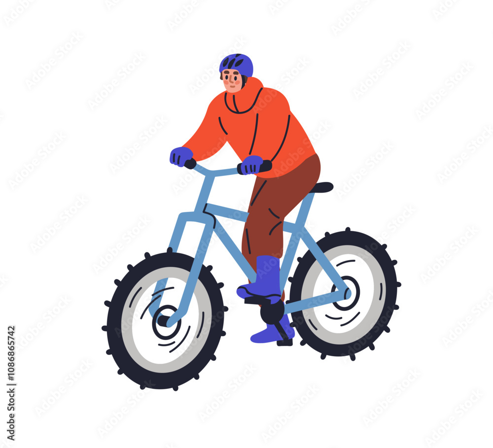 Man riding, cycling rugged fat tire bicycle in winter, cold weather. Cyclist in helmet, outdoor adventure, travel on offroad mountain bike. Flat vector illustration isolated on white background Man riding, cycling rugged fat tire bicycle in winter, cold weather. Cyclist in helmet, outdoor adventure, travel on offroad mountain bike. Flat vector illustration isolated on white background