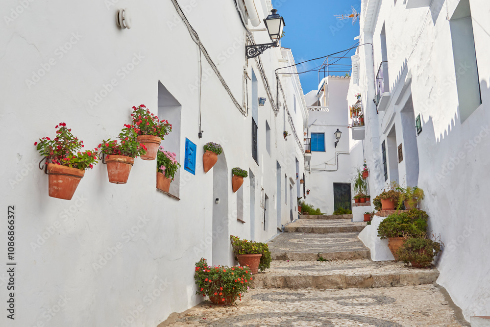 Φωτογραφία Frigiliana, narrow street with white walls and decorated with flower pots and flowers in the province of Malaga