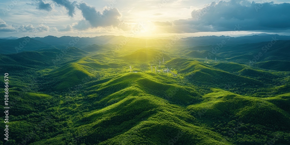 Aerial view of lush green hills and mountains at sunset, with wind turbines.