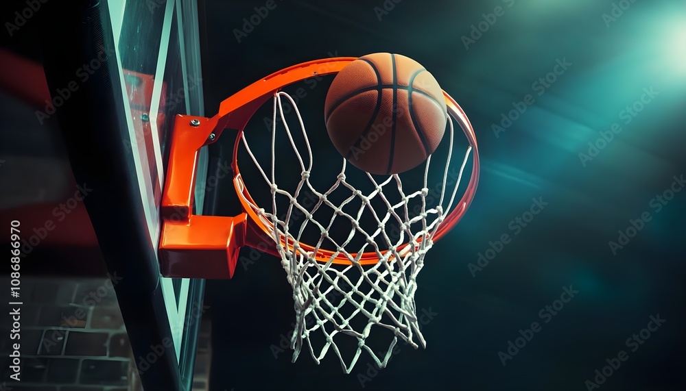 A Basketball Soars Through the Air and Enters the Hoop Against a Dark Backdrop with Dramatic Lighting, Capturing the Excitement of the Game A Basketball Soars Through the Air and Enters the Hoop Against a Dark Backdrop with Dramatic Lighting, Capturing the Excitement of the Game