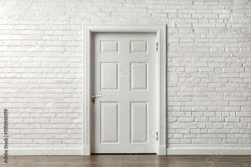 White wooden door on a white brick wall