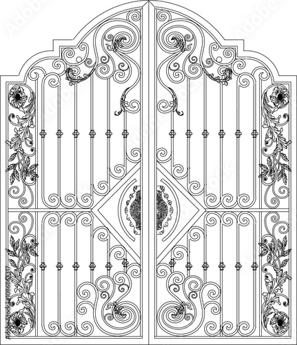 Vector sketch illustration of the silhouette of a fence gate design with floral traditional classic vintage ornament decoration