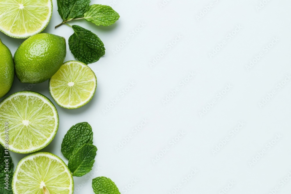 Fresh limes and mint leaves arranged on light blue background Fresh limes and mint leaves arranged on light blue background