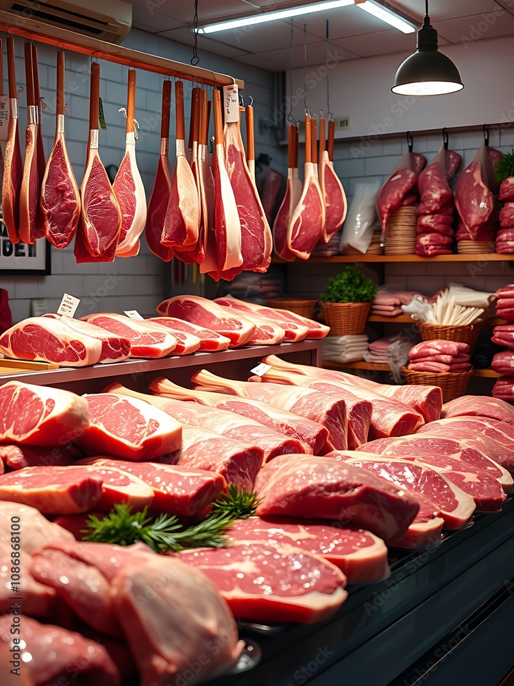 Butcher Getting Shot Butcher Shop's Fresh Meat Display: A Candid Shot from a Local Market ...