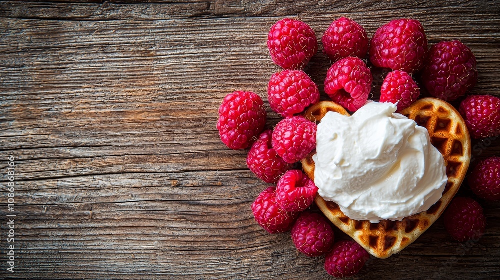 Fresh heart waffle, dollop of cream, juicy raspberries, vintage wooden background Fresh heart waffle, dollop of cream, juicy raspberries, vintage wooden background