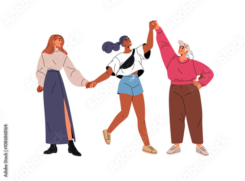 Diverse young and old women hold hands, rejoice, celebrate Womens day together. Happy feminists have fun. Concept of sisterhood, feminism and girl power. Flat isolated vector illustration on white