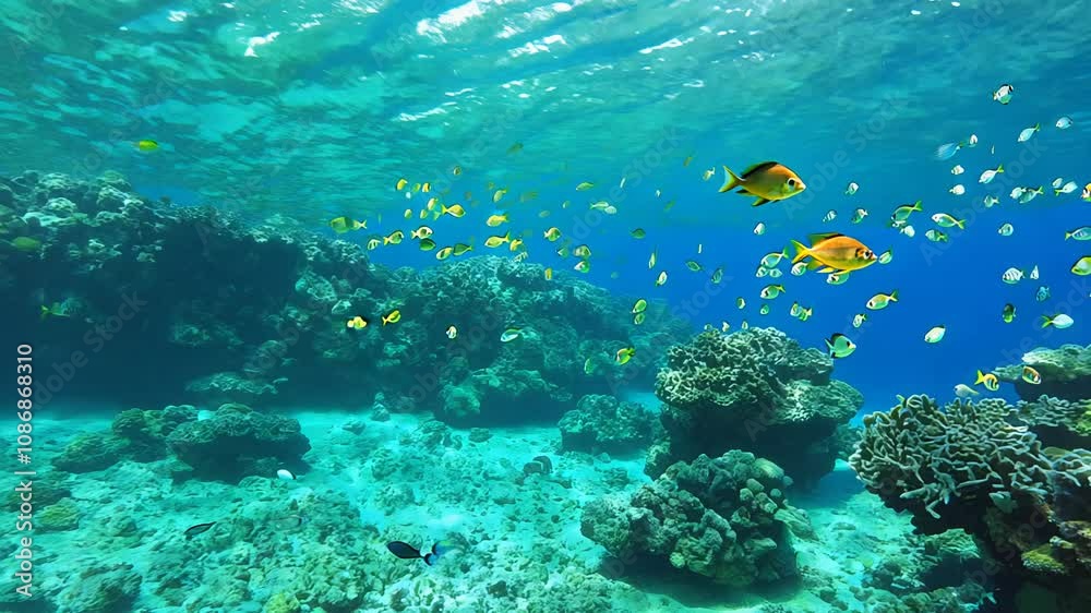 Establishing pan video of a tropical coral reef with bright daylight. Colorful fish dart among coral formations in crystal clear water Establishing pan video of a tropical coral reef with bright daylight. Colorful fish dart among coral formations in crystal clear water