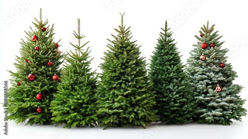 Festive Christmas Trees Isolated on a Pure White Background.Concept of Christmas, holiday season, winter, festivity, tradition, and joy，Christmas decorations, retail, e-commerce, greeting cards, and h