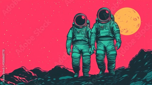 Sci-fi Comic-Con poster with retro 1970s space adventure theme, featuring astronauts exploring alien landscapes.