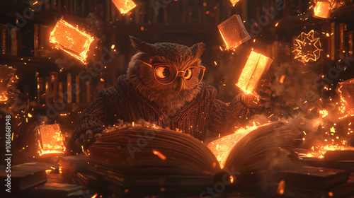 owl professor wearing glasses sits amidst burning books in a library Sparks fly as he studies ancient fiery texts Magical enchanting scene photo