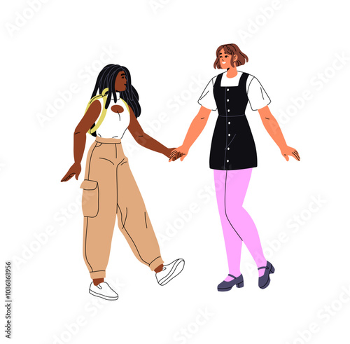 Diverse happy girls, friends have fun, walk together. Young women hold hands, support. Concept of interracial friendship, international sisterhood. Flat isolated vector illustration on white