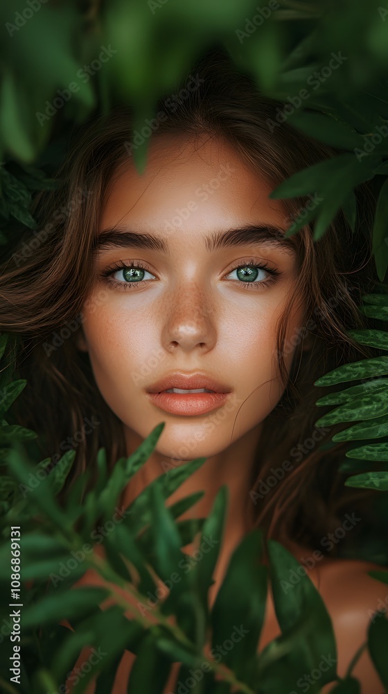 Young woman with green eyes framed by lush leaves, exuding natural beauty. Young woman with green eyes framed by lush leaves, exuding natural beauty.