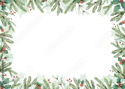 Christmas vector greenery fir branches rectangle frame. Borders for holiday greeting card and invitation. Watercolour Illustration. Hand painted winter plants. Xmas template.