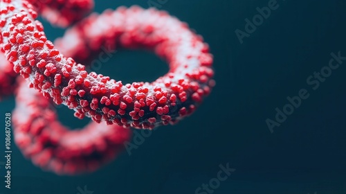 3D Virus Disease: Ebola Virus, Abstract red molecular structure on a blue background, showcasing intricate details and patterns.