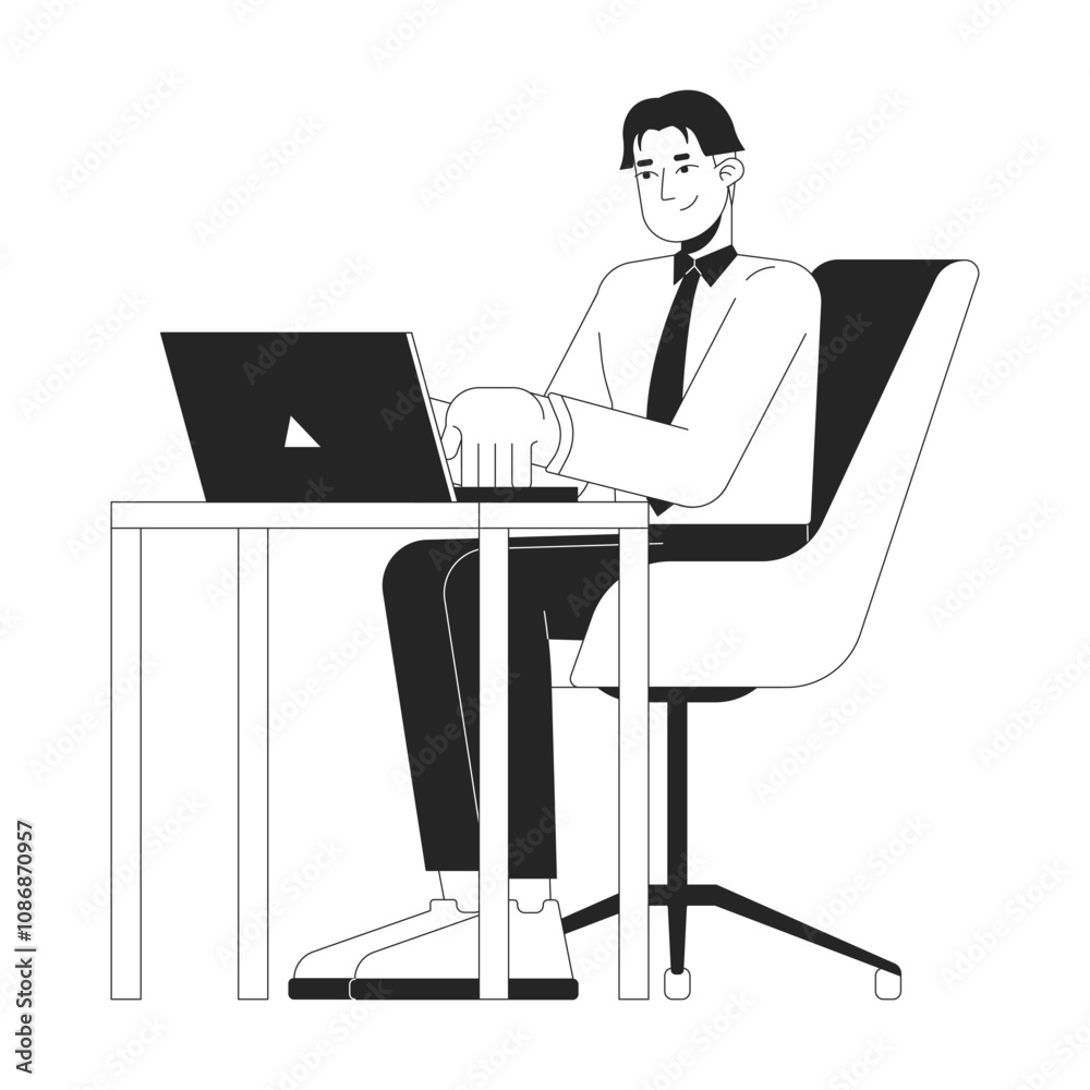 Asian man working on laptop black and white 2D line character. Business career. Positive korean male sitting at office workplace isolated vector outline person. Monochromatic spot illustration Asian man working on laptop black and white 2D line character. Business career. Positive korean male sitting at office workplace isolated vector outline person. Monochromatic spot illustration