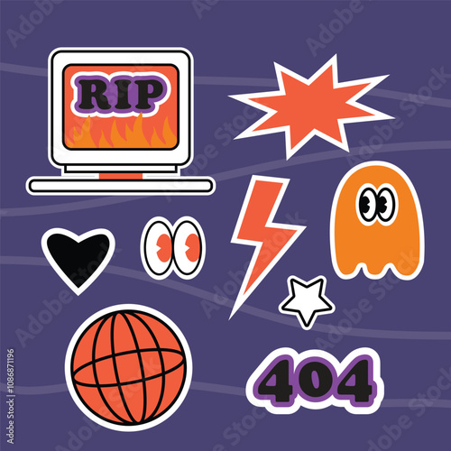 Set of flat design stickers with computer, eyes, stars and hearts. Flat illustration set on purple background