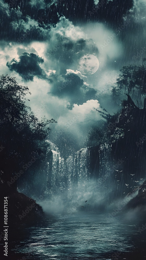 A mystical night scene featuring a waterfall illuminated by the moonlight. A mystical night scene featuring a waterfall illuminated by the moonlight.