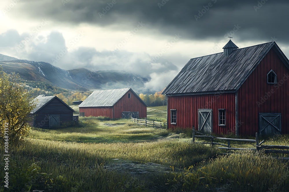 A serene landscape featuring red barns amidst rolling hills and dramatic skies. A serene landscape featuring red barns amidst rolling hills and dramatic skies.