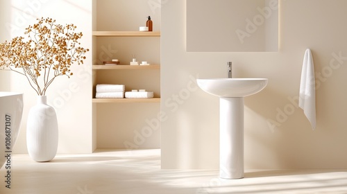 Contemporary tiny bathroom, pedestal sink with minimal fixtures, slender floating shelves for storage and decor, calming color palette
