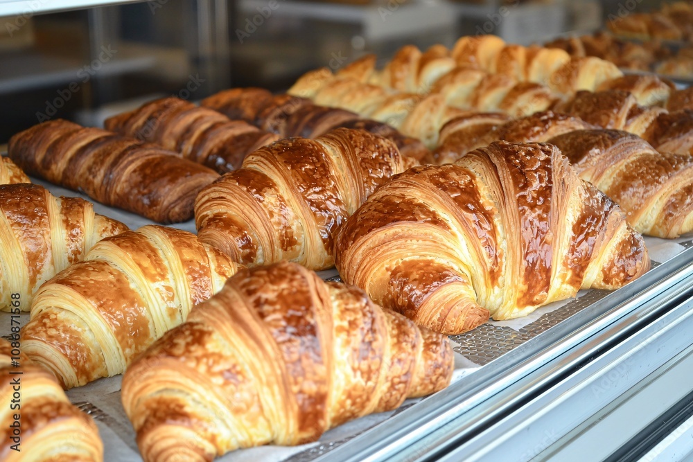 Freshly Baked Croissants Displayed in a Bakery