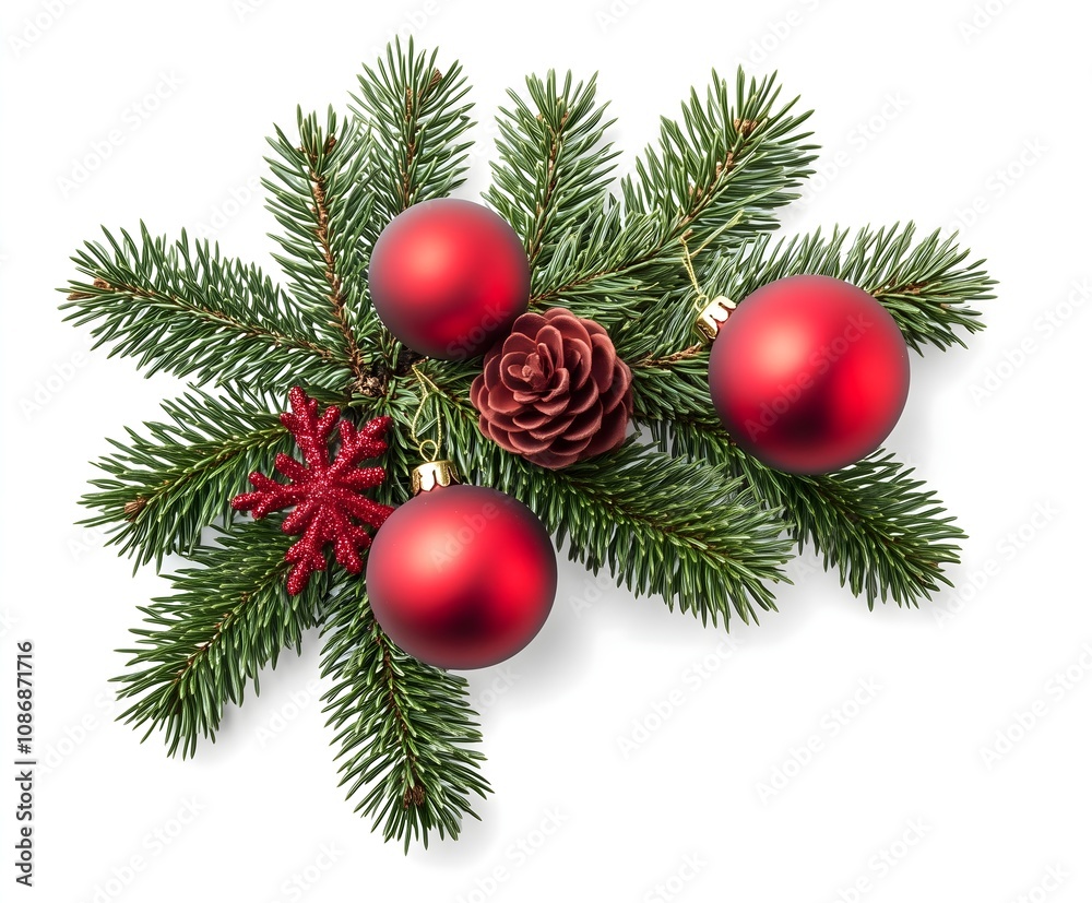 Festive Christmas Decoration with Red Ornaments, Pine Branches, Pinecone, and Glittering Snowflake Isolated on White - Perfect for Holiday Design Projects Festive Christmas Decoration with Red Ornaments, Pine Branches, Pinecone, and Glittering Snowflake Isolated on White - Perfect for Holiday Design Projects