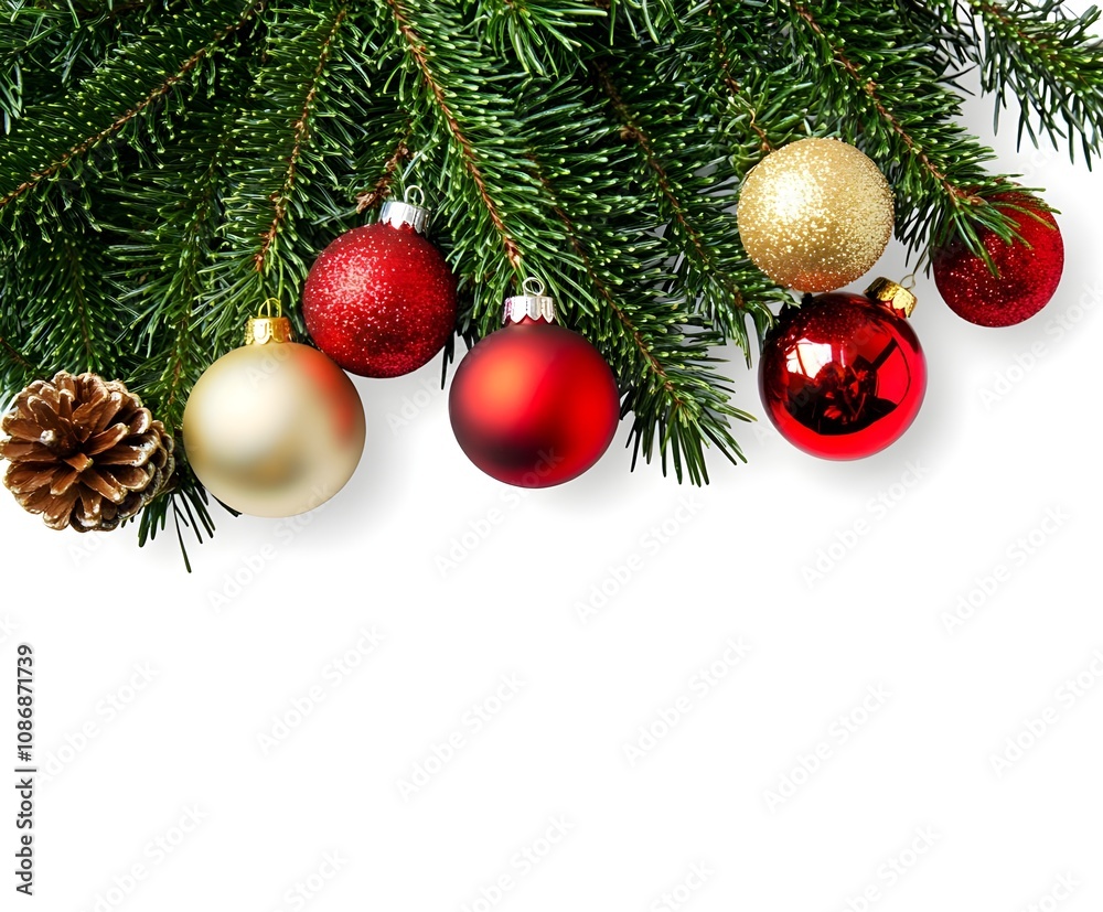 Christmas Pine Branches with Red and Gold Ornaments, Pinecones, and Berries on White Background - Festive Holiday Decoration for Seasonal Designs Christmas Pine Branches with Red and Gold Ornaments, Pinecones, and Berries on White Background - Festive Holiday Decoration for Seasonal Designs