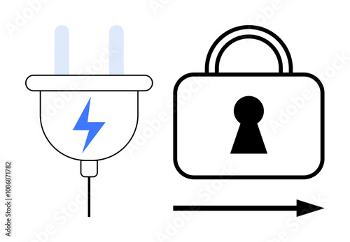 Electrical plug with lightning symbol next to a padlock and arrow pointing right. Ideal for cybersecurity, electrical safety, energy conservation, smart home, IoT security, technology, awareness