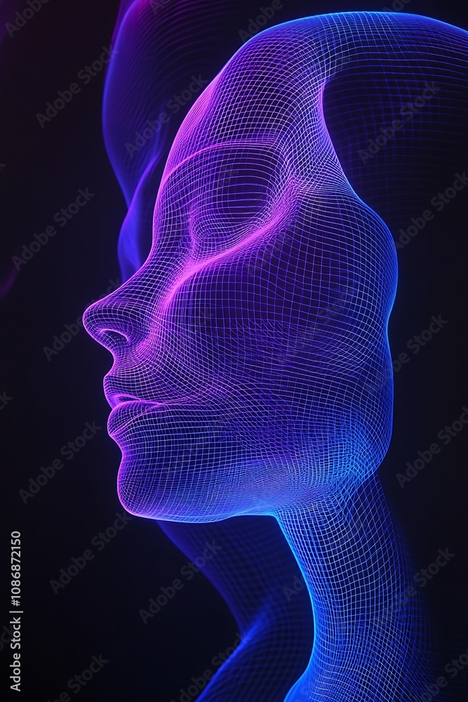 Futuristic 3D Wireframe Model of a Female Face in Vibrant Neon Colors Radiating a Sense of Technology, Artistry, and Modern Aesthetics in Digital Space Futuristic 3D Wireframe Model of a Female Face in Vibrant Neon Colors Radiating a Sense of Technology, Artistry, and Modern Aesthetics in Digital Space