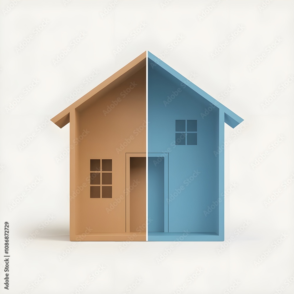 House with a thin white line in the middle separating the interior and exterior. shade of blue and warm beige hue. House with a thin white line in the middle separating the interior and exterior. shade of blue and warm beige hue.