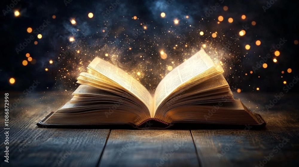 Mystical Glowing Open Book on Wooden Table with Magical Bokeh Lights and Antique Pages in Dark Background