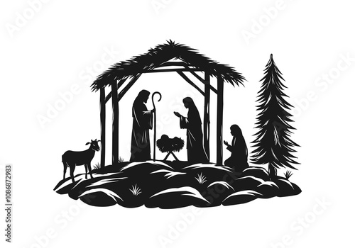 Christian Christmas at night silhouette illustration