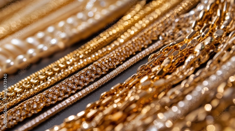 A Close-Up of Various Gold Chains and Diamond-Encrusted Jewelry A Close-Up of Various Gold Chains and Diamond-Encrusted Jewelry
