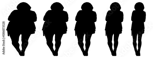Conceptual fat overweight obese female vs slim fit healthy body after weight loss or diet on white background banner. A  fitness, nutrition or obesity, health shape illustration vector as silhouettes