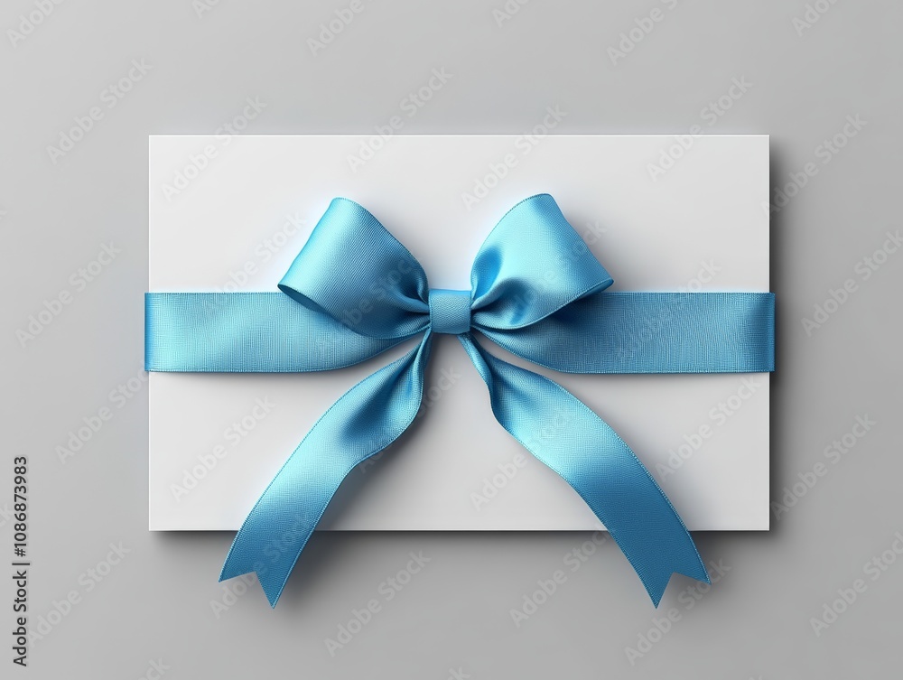 Minimalist 3D white card with blue ribbon bow on gray background elegant gift concept Minimalist 3D white card with blue ribbon bow on gray background elegant gift concept