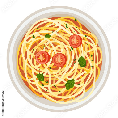 Simple flat 2D illustration of a spaghetti carbonara on plate isolated on a white background, vector 2D design, icon, flat 2d illustration art