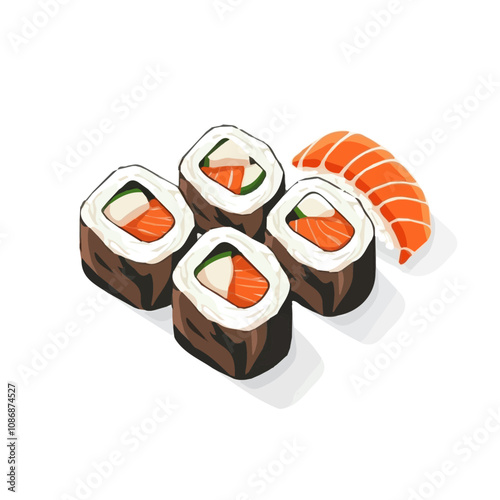 Simple flat 2D illustration of a spicy salmon sushi roll set isolated on a white background, vector 2D design, icon, flat 2d illustration art, flat icon