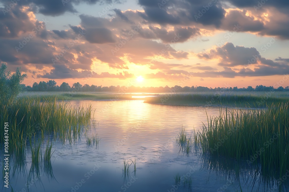 A serene sunset over a tranquil waterway, surrounded by lush grass and reflective clouds. A serene sunset over a tranquil waterway, surrounded by lush grass and reflective clouds.