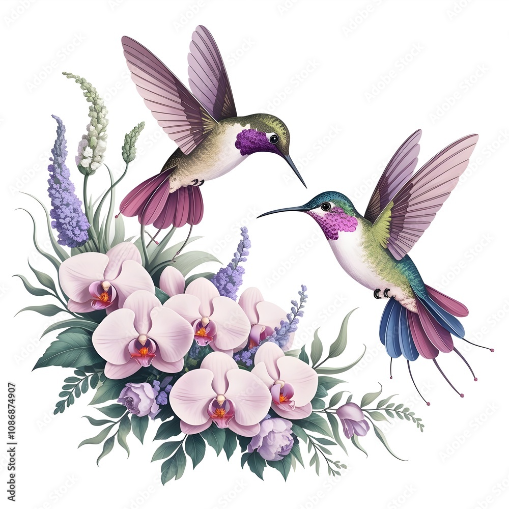 Obraz premium Stunning illustration featuring two elegant hummingbirds with intricate wings