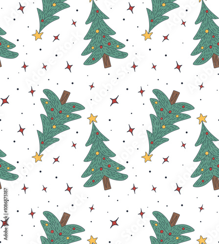 Seamless holiday pattern with hand-drawn Christmas trees decorated with bright ornaments and red stars on a white background. Ideal for wrapping paper, fabric and holiday designs.