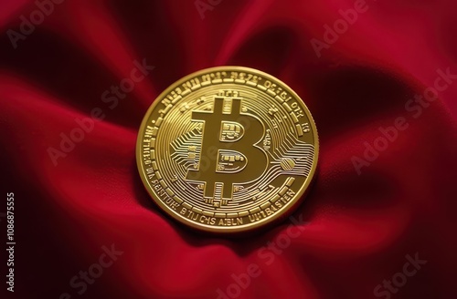 Golden Bitcoin coin placed on a luxurious red velvet background photo