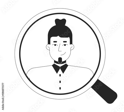 Positive caucasian man view through magnifying glass black and white 2D line character. Business company vacation male applicant isolated vector outline person. Monochromatic spot illustration