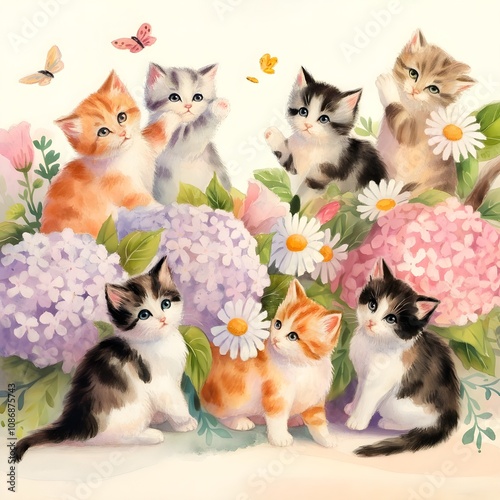 Cute watercolor featuring six playful kittens in a variety of colors sitting among lush pastel flowers