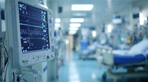 Close-up of a medical monitor displaying vital signs in a hospital ward, with beds and patients in the background.