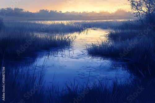 A serene twilight scene of a calm waterway surrounded by tall grasses and trees.