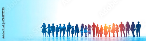 A diverse group of people stands together against a blue background, symbolizing unity and togetherness.